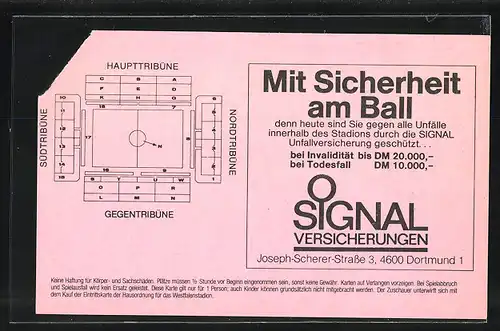 Eintrittskarte Dortmund, Bundesliga-Fussballspiel Borussia Dortmund vs Eintracht Braunschweig, 1989 /90