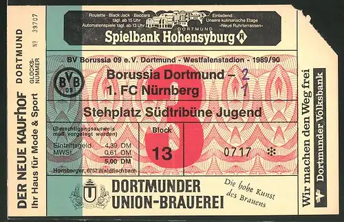 Eintrittskarte Dortmund, Bundesliga-Fussballspiel Borussia Dortmund vs 1.FC Nürnberg, 1989 /90