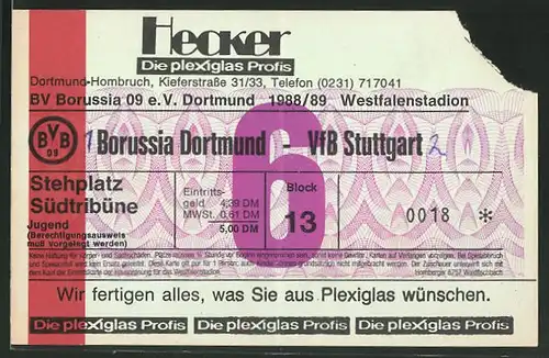 Eintrittskarte Dortmund, Bundesliga-Fussballspiel Borussia Dortmund vs VfB Stuttgart, 1988 /89