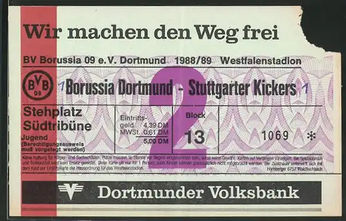 Eintrittskarte Dortmund, Bundesliga-Fussballspiel Borussia Dortmund vs Stuttgarter Kickers, 1988 /89