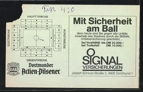 Eintrittskarte Dortmund, Bundesliga-Fussballspiel Borussia Dortmund vs Stuttgarter Kickers, 1988 /89