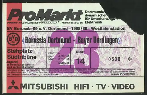 Eintrittskarte Dortmund, Bundesliga-Fussballspiel Borussia Dortmund vs Bayer Uerdingen, 1988 /89