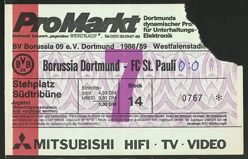Eintrittskarte Dortmund, Bundesliga-Fussballspiel Borussia Dortmund vs FC St. Pauli, 1988 /89