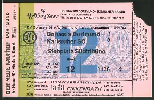 Eintrittskarte Dortmund, Bundesliga-Fussballspiel Borussia Dortmund vs Karlsruher SC, 1991 /92