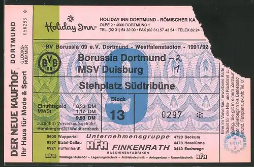 Eintrittskarte Dortmund, Bundesliga-Fussballspiel Borussia Dortmund vs MSV Duisburg, 1991 /92