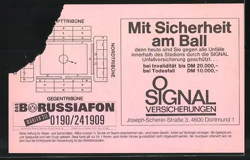 Eintrittskarte Dortmund, Bundesliga-Fussballspiel Borussia Dortmund vs MSV Duisburg, 1991 /92