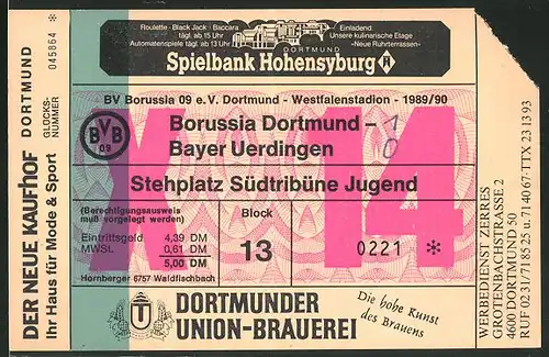 Eintrittskarte Dortmund, Bundesliga-Fussballspiel Borussia Dortmund vs Bayer Uerdingen, 1989 /90