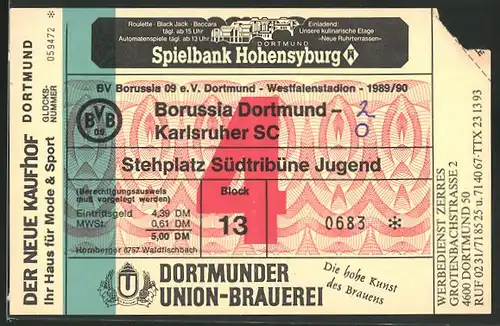 Eintrittskarte Dortmund, Bundesliga-Fussballspiel Borussia Dortmund vs Karlsruher SC, 1989 /90