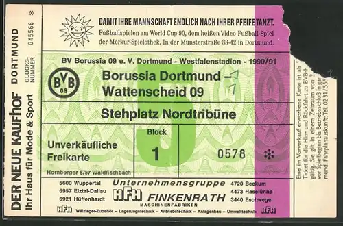 Eintrittskarte Dortmund, Bundesliga-Fussballspiel Borussia Dortmund vs Wattenscheid 09, 1990 /91