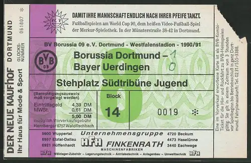 Eintrittskarte Dortmund, Bundesliga-Fussballspiel Borussia Dortmund vs Bayer Uerdingen, 1990 /91