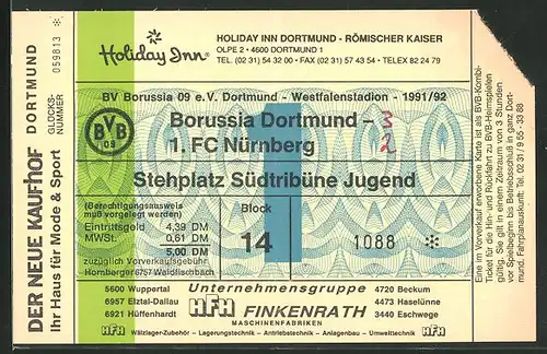 Eintrittskarte Dortmund, Bundesliga-Fussballspiel Borussia Dortmund vs 1.FC Nürnberg, 1991 /92