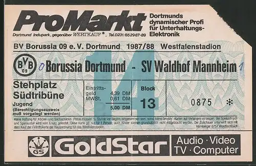 Eintrittskarte Dortmund, Bundesliga-Fussballspiel Borussia Dortmund vs SV Waldhof Mannheim, 1987 /88