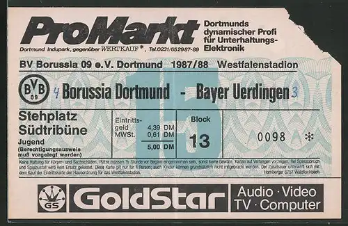 Eintrittskarte Dortmund, Bundesliga-Fussballspiel Borussia Dortmund vs Bayer Uerdingen, 1987 /88