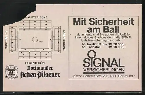 Eintrittskarte Dortmund, Bundesliga-Fussballspiel Borussia Dortmund vs Bayer Leverkusen, 1987 /88