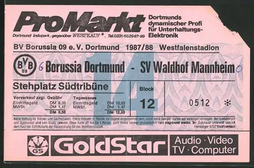 Eintrittskarte Dortmund, Bundesliga-Fussballspiel Borussia Dortmund vs SV Waldhof Mannheim, 1987 /88
