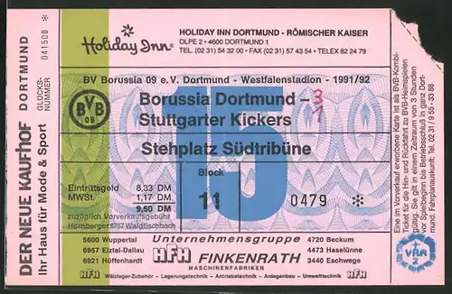 Eintrittskarte Dortmund, Bundesliga-Fussballspiel Borussia Dortmund vs Stuttgarter Kickers, 1991 /92