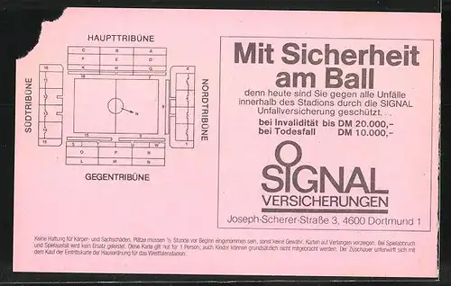 Eintrittskarte Dortmund, Bundesliga-Fussballspiel Borussia Dortmund vs Stuttgarter Kickers, 1991 /92