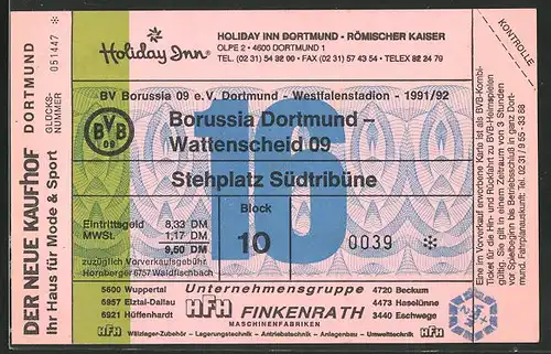 Eintrittskarte Dortmund, Bundesliga-Fussballspiel Borussia Dortmund vs Wattenscheid 09, 1991 /92