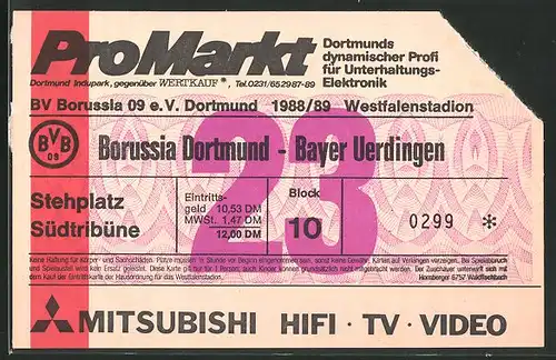 Eintrittskarte Dortmund, Bundesliga-Fussballspiel Borussia Dortmund vs Bayer Uerdingen, 1988 /89