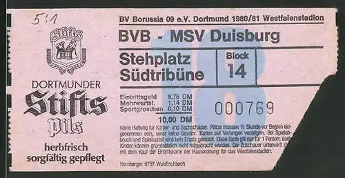 Eintrittskarte Dortmund, Bundesliga-Fussballspiel Borussia Dortmund vs MSV Duisburg, 1980 /81