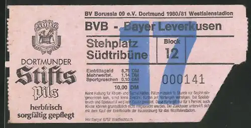 Eintrittskarte Dortmund, Bundesliga-Fussballspiel Borussia Dortmund vs Bayer Leverkusen, 1980 /81