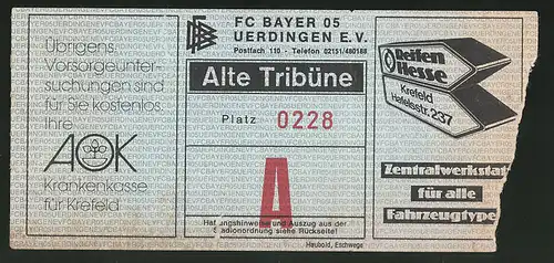 Eintrittskarte Uerdingen, Fussballspiel FC Bayer 05 Uerdingen