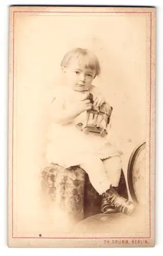 Fotografie Th. Prümm, Berlin, Portrait sitzendes Kleinkind im Kleidchen mit Spielzeugpferd
