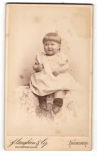 Fotografie F. Langbein & Cie., Heidelberg, Portrait sitzendes Kleinkind im hübschen Kleid mit Ponyfrisur