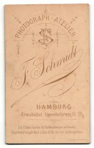 Fotografie F. Schmidt, Hamburg, Portrait bürgerlicher Herr im Anzug mit zeitgenössischer Frisur