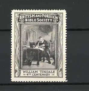Reklamemarke British and Foreign Bible Society, William Tindale am Schreibtisch