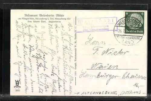 AK Altlandsberg, Gasthaus Wesendahler Mühle am Fänger-See