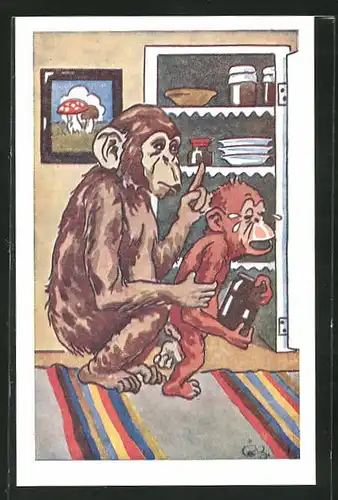 Künstler-AK Affen in der Küche, vermenschlichte Tiere