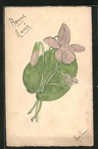 Künstler-AK Handgemalt: Bonne Annés, lila Blume mit Blattwerk