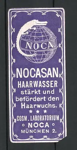 Präge-Reklamemarke Nocasan Haarwasser, Cosm. Laboratorium NOCA, München, Erdkugel mit Krokodil
