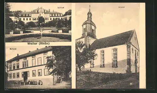 AK Weilar / Rhön, Blick nach dem Schloss, Schule, Kirche