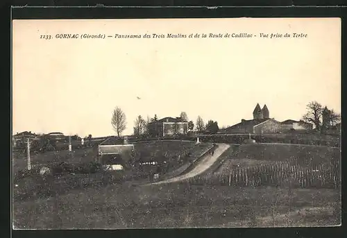 AK Gornac, Panorama des Trois Moulins et de la Route de Cadillac, Vue prise du Tertre