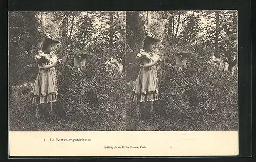 Stereo-AK La Lettre mystérieuse, Junges Mädchen mit einem Brief im Wald