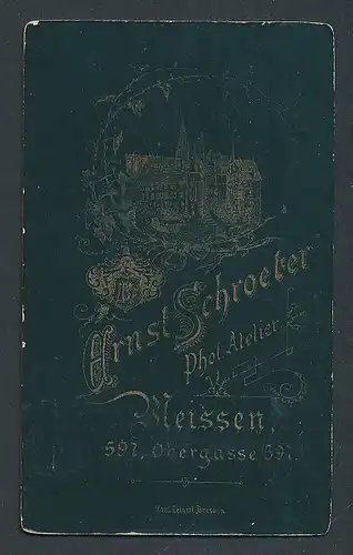 Fotografie Ernst Schroeter, Meissen, rücks. Ansicht Meissen, Albrechtsburg, vorders. Portrait Herr mit Oberlippenbart