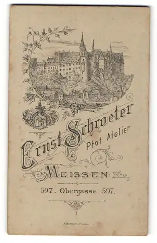 Fotografie Ernst Schroeter, Meissen, rücks. Ansicht Meissen, Albrechtsburg, vorders. Portrait Fräulein