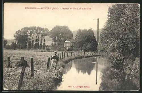 AK Perriers-sur-Andelle, Paysage au bord de l'Andelle