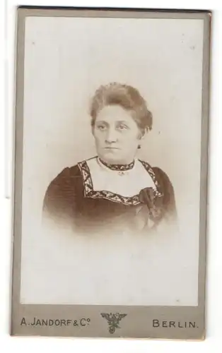 Fotografie A. Jandorf & Co. , Berlin, Portrait charmante Frau in bestickter Bluse