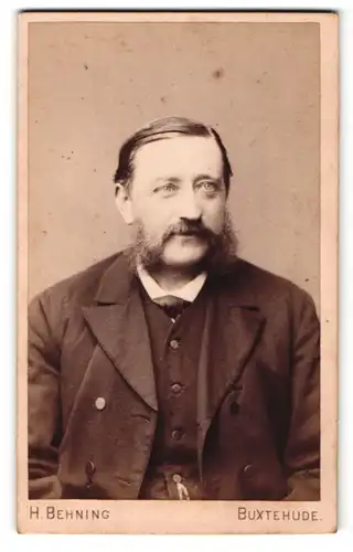 Fotografie H. Behning, Buxtehude, Portrait modisch gekleideter Herr mit Fliege und Backenbart