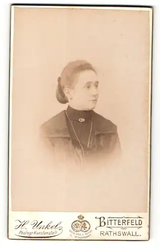 Fotografie H. Unkel, Bitterfeld, Portrait schönes Fräulein mit Brosche am Blusenkragen