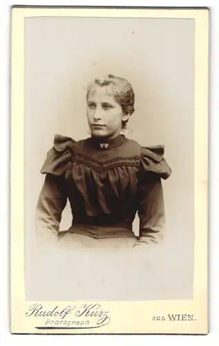 Fotografie Rudolf Kurz, Wien, Portrait bildschönes Fräulein mit Brosche am gerüschten Kleid