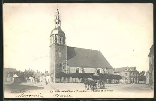 AK La Ville-aux-Clercs, Kutsche an der Kirche