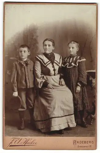 Fotografie F. A. Hacker, Radeberg, Portrait Mutter mit zwei Kindern