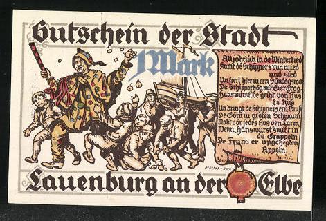 Notgeld Lauenburg An Der Elbe 1921 1 Mark Festzug Zum Karneval Harlekin Wirft Mit Sussigkeiten Nr 9547088 Oldthing Notgeldscheine Schleswig