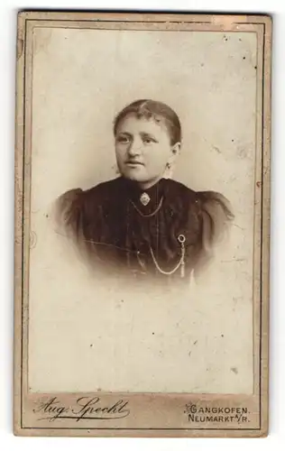 Fotografie Aug. Specht, Gangkofen, Portrait dunkelhaarige Dame mit Ohr- und Halsschmuck