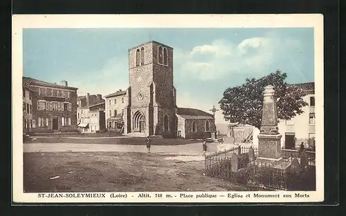 AK St-Jean-Soleymieux, Place publique, Eglise et Monument aux Morts