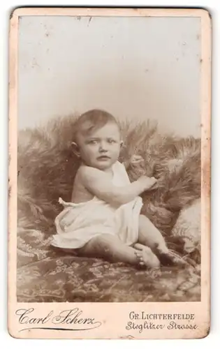 Fotografie Carl Scherz, Gr. Lichterfelde, Portrait niedlicher kleiner Bube im Hemdchen auf Fell sitzend